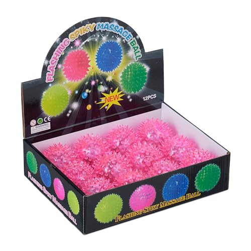 Relaxdays Igelball, 12er Set, blinkende Leuchtbälle mit Noppen, leuchtende LED Flummis für Kinder, Ø 6,5 cm, pink von Relaxdays