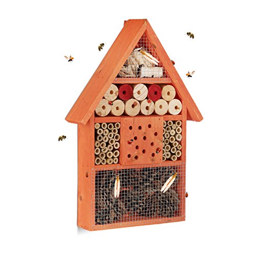 Relaxdays Insektenhotel, Nisthilfe für Wildbienen & Käfer, Deko für Balkon, Garten, HxBxT: 40x 27,5 x 7 cm, Holz, orange von Relaxdays