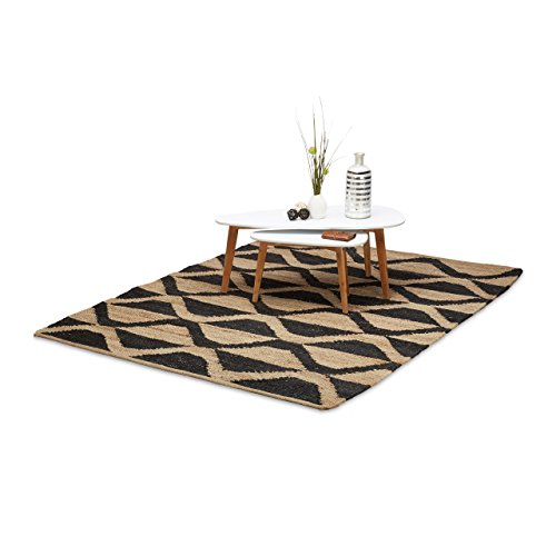 Relaxdays Juteteppich 160 x 230 cm, handgewebter Wohnzimmerteppich mit Wellen Muster, robuster Webteppich, natur, schwarz von Relaxdays