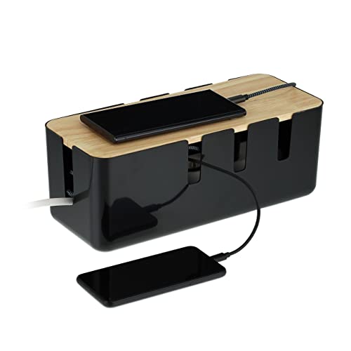 Relaxdays Kabelbox, für 2 Steckdosenleisten, Holzdeckel, Kunststoff, Kabel verstecken, HBT: 11,5x30,5x12,5 cm, schwarz von Relaxdays
