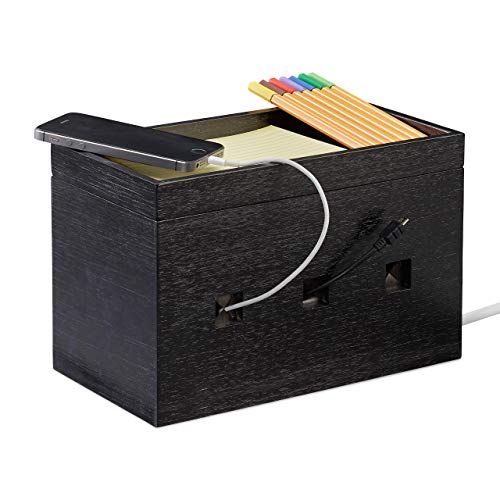 Relaxdays Kabelbox Bambus, Steckdosenleiste & Kabel verstecken, Kabelmanagement Schreibtisch, 16,5x25,5x14cm, schwarz von Relaxdays
