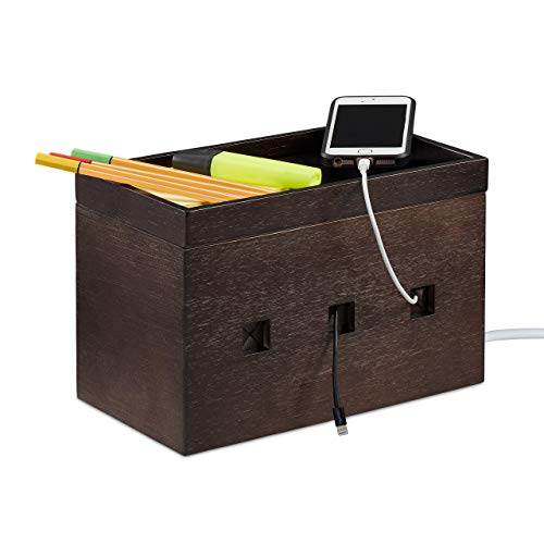 Relaxdays Kabelbox Bambus, Steckdosenleiste & Kabel verstecken, Kabelmanagement Schreibtisch, HBT 16,5x25,5x14cm, braun von Relaxdays