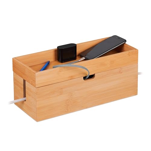 Relaxdays Kabelbox für 2 Steckdosenleisten, Bambus, Kabelkiste mit Ablage, HBT: 14 x 34 x 14 cm, Kabel verstecken, Natur von Relaxdays