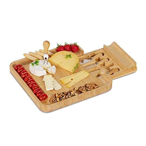 Relaxdays Käsebrett mit Käsemesser Set, HBT: 4 x 33 x 33 cm, Bambus Käseplatte mit Schublade, 4-TLG. Käsebesteck, Natur von Relaxdays