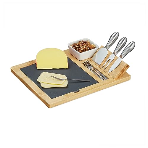Relaxdays Käsebrett mit Schieferplatte, 3-TLG. Käsebesteck, Dipschale, 4X Serviergabel, Bambus Käseplatte, Natur/schwarz von Relaxdays