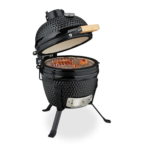 Relaxdays Kamado Grill, Ø 32 cm, Keramikgrill mit Thermometer bis 450 °C, BBQ, Grillen, Kochen & Backen, Smoker, schwarz von Relaxdays