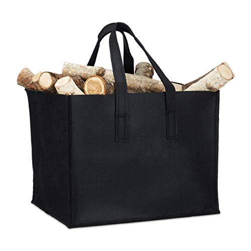 Relaxdays Kaminholzkorb, 2 Griffe, faltbar, Zeitungshalter, Filzkorb Kaminholztasche Filz, Schwarz, 1 Stück von Relaxdays