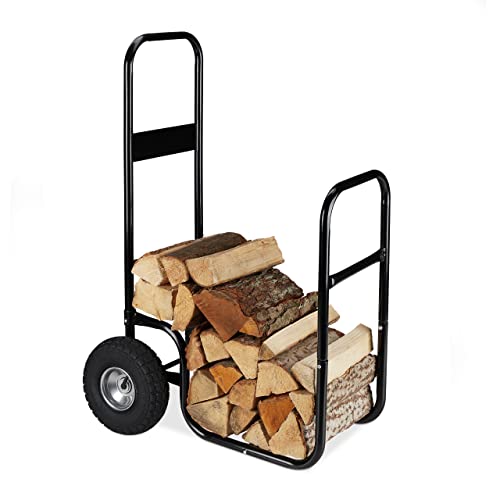 Relaxdays Kaminholzwagen, Brennholzwagen aus Stahl, mit 2 Luftreifen, bis 60 kg, Holztransport & -aufbewahrung, schwarz, 80%, 1 Stück von Relaxdays