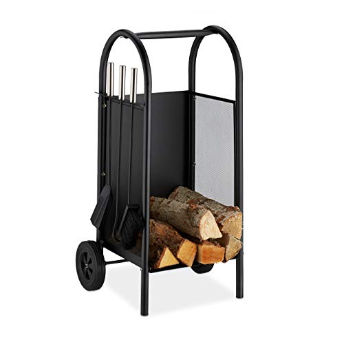 Relaxdays Kaminholzwagen mit Besteck, Brennholzkarre Stahl, Kaminbesteck 3-teilig, Schaufel, Besen & Schürhaken, schwarz, 81 x 42 x 37 cm von Relaxdays