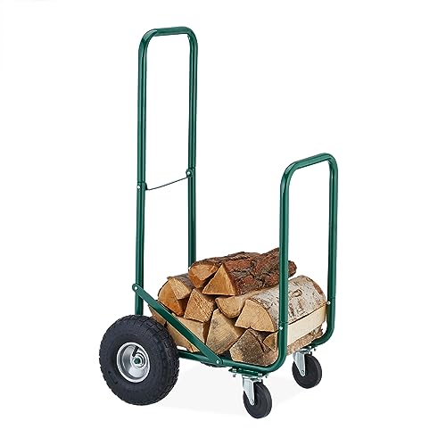 Relaxdays Kaminholzwagen mit Luftreifen, 360° Rollen, Holzwagen bis 60 kg, für 33 cm Scheite, Brennholz-Sackkarre, grün, Stahl, Gummi von Relaxdays