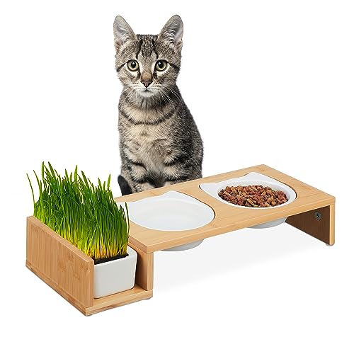 Relaxdays Katzen Futterstation mit Katzengras Schale, 2 Keramiknäpfe je 400 ml, spülmaschinenfest, Katzenbar, Natur/weiß von Relaxdays