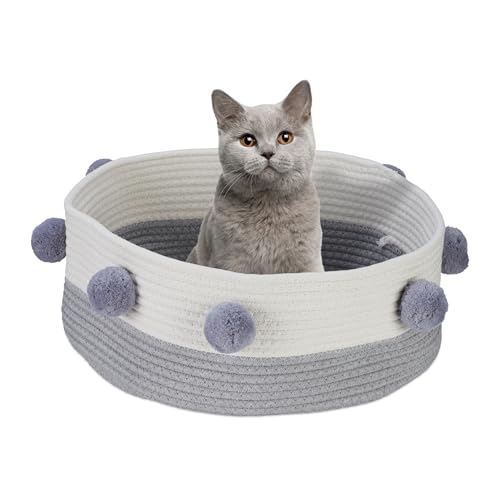 Relaxdays Katzenbett, Katzen & kleine Hunde, HxD: 16,5 x 41 cm, Bommeln, Baumwolle, geflochtener Katzenkorb, grau/weiß von Relaxdays