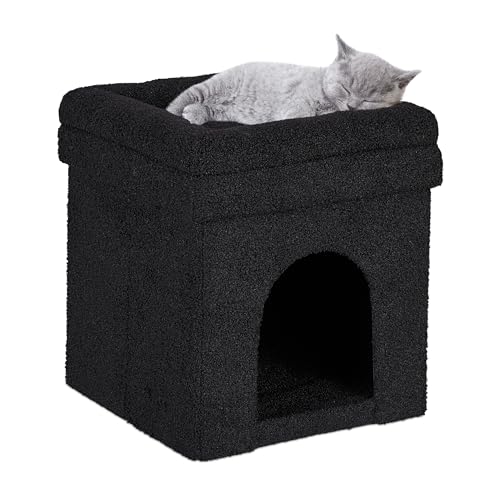 Relaxdays Katzenhöhle mit Sitzauflage, faltbarer Sitzhocker, Versteck für Katzen & Hunde, HxBxT 42 x 38 x 38 cm, schwarz von Relaxdays