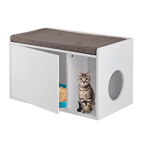 Relaxdays Katzenschrank mit Sitzauflage, 2in1 Katzenkommode & Sitzbank, HBT: 45,5 x 75 x 43 cm, für Katzenklo, weiß/grau von Relaxdays
