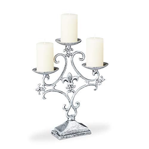 Relaxdays Kerzenständer, 3-armig, Kerzenhalter Stumpenkerzen, antik, Vintage, Gusseisen, HBT 28,5 x 23 x 7,5 cm, Silber von Relaxdays