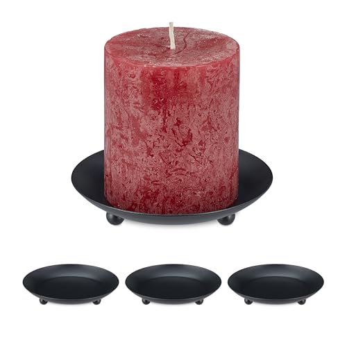 Relaxdays Kerzenständer für Stumpenkerzen, 4er Set, Ø 10 cm, Metall, runder Kerzenuntersetzer, Kerzenhalter, schwarz von Relaxdays