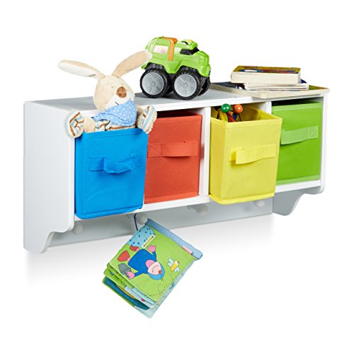 Relaxdays Kinder Wandregal ALBUS, Wandgarderobe mit 4 Kleiderhaken, Kinderregal mit 4 bunte Faltboxen, HBT: ca. 28 x 61 x 16 cm, weiß von Relaxdays