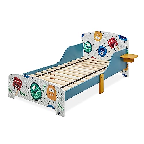 Relaxdays Kinderbett kleine Monster, Rausfallschutz, HBT 60x94x143 cm, Lattenrost, Kleinkindbett, Ablage, MDF, blau/weiß von Relaxdays