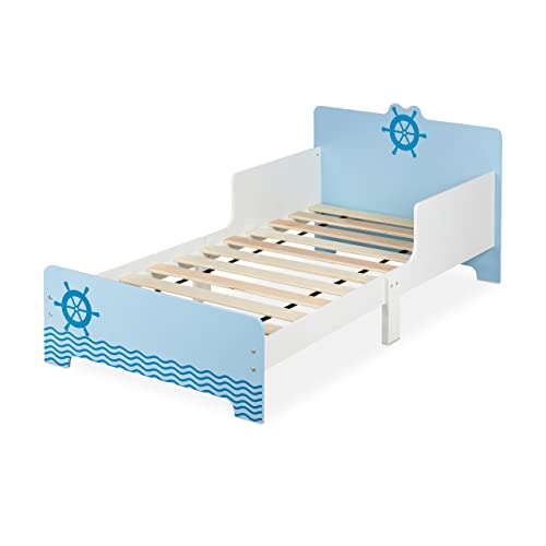 Relaxdays Kinderbett mit Rausfallschutz, HBT: 60x77x143 cm, Lattenrost, Kleinkindbett mit Seefahrt-Motiv, MDF, blau/weiß von Relaxdays