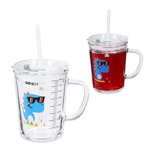 Relaxdays Kindergläser 2er Set, Dino-Motiv, Trinkglas Kinder, mit Henkel, Deckel & Strohhalm, 400 ml Skala, transparent Relaxdays Kindergläser 2er Set, Dino-Motiv, Trinkglas Kinder, mit Henkel, Deckel & Strohhalm, 400 ml Skala, transparent von Relaxdays