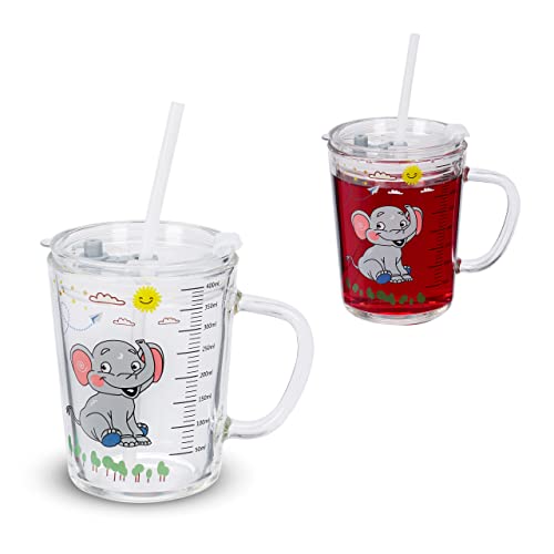 Relaxdays Kindergläser 2er Set, Elefanten-Motiv, Trinkglas Kinder, mit Henkel, Deckel & Strohhalm, 400 ml, transparent von Relaxdays