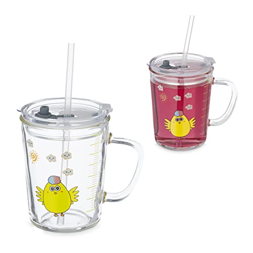 Relaxdays Kindergläser 2er Set, Küken-Motiv, Trinkglas Kinder, mit Henkel, Deckel & Strohhalm, 400 ml Skala, transparent, Glas von Relaxdays