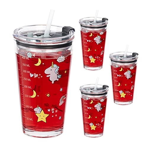 Relaxdays Kindergläser 4er Set, Einhorn-Motiv, Trinkglas Kinder, Deckel & Strohhalm, 450 ml Skala, Saftglas, transparent von Relaxdays