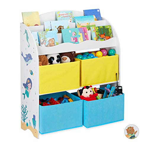 Relaxdays Kinderregal, 4 Boxen, Meerjungfrau Motiv, Spielzeug Aufbewahrung, Kinderzimmer HxBxT 98 x 82,5 x 30 cm, bunt von Relaxdays
