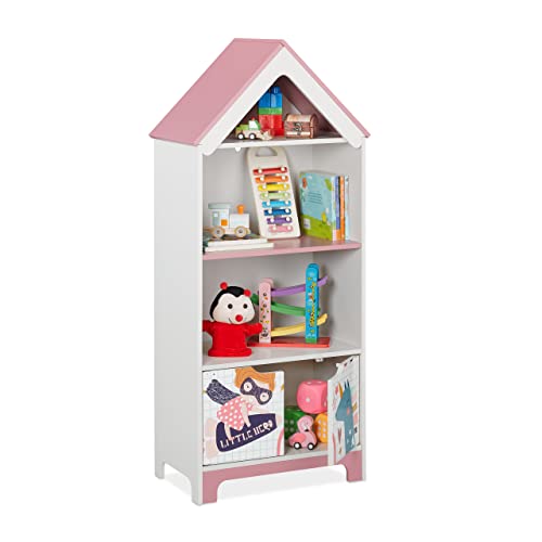 Relaxdays Kinderregal, Heldinnenmotiv, 4 Fächer für Spielzeug, HBT: 93x63x28 cm, Kinderzimmerregal mit Türen, weiß/rosa von Relaxdays