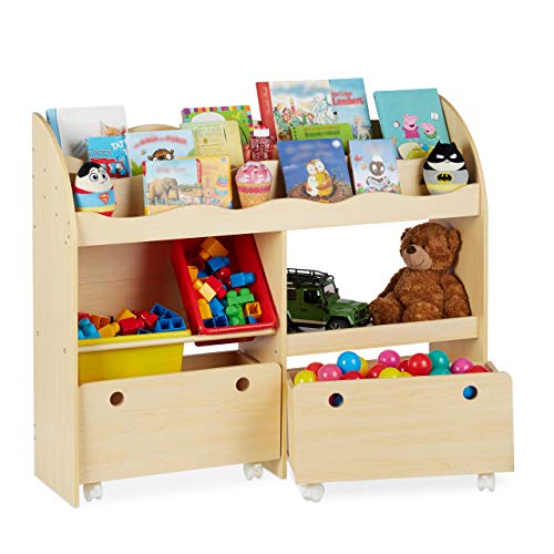 Relaxdays Kinderregal, Spielzeug Aufbewahrung, Kunststoff Boxen, Bücherregal, MDF, HxBxT: 88 x 108 x 29 cm, Holzoptik, Beige von Relaxdays