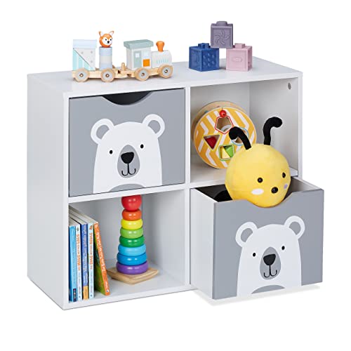 Relaxdays Kinderregal Bär, 2 Schubladen, 2 offene Fächer, H x B x T: 48 x 60 x 24,5 cm, Bücherregal Kinder, weiß/grau von Relaxdays