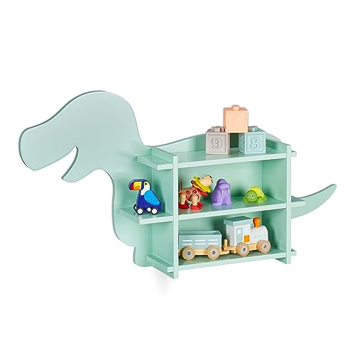 Relaxdays Kinderregal Dino, 2 offene Fächer, Bücherregal Kinder, Wand, HBT: 43,5x84x13,5 cm, Kinderzimmer Regal, türkis, Faserplatte von Relaxdays