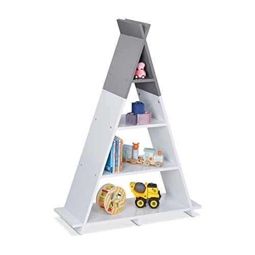 Relaxdays Kinderregal Tipi, 4 Fächer, Bücherregal Kinder, H x B x T: 107 x 76 x 27 cm, Kinderzimmer Regal, weiß/grau von Relaxdays