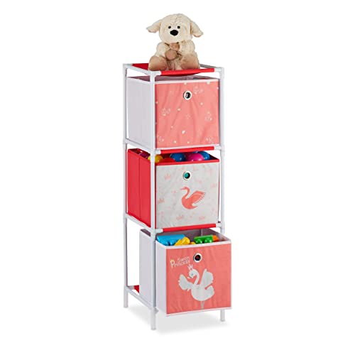 Relaxdays Kinderregal mit 3 Boxen, Spielzeug, Mädchen, Schwan-Design, Regal Kinderzimmer, HBT 89 x 27,5 x 30 cm,weiß/rot von Relaxdays