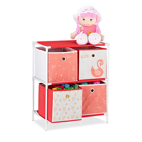 Relaxdays Kinderregal mit 4 Boxen, Spielzeug, Mädchen, Schwan-Design, Regal Kinderzimmer, HBT: 62 x 53 x 30 cm, weiß/rot von Relaxdays