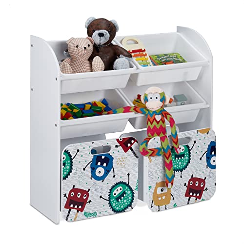 Relaxdays Kinderregal mit 6 Boxen, Monster-Design, 2 Kisten mit Rollen, HBT: 80,5x82,5x30 cm, Regal für Spielzeug, weiß, 10037512_0 von Relaxdays