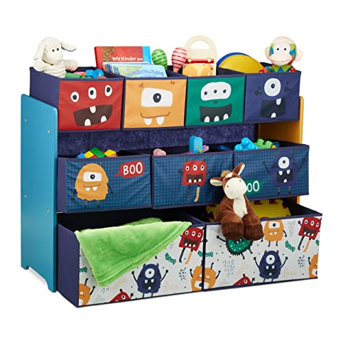 Relaxdays Kinderregal mit 9 Stoffboxen, Monster Design, HxBxT: 70 x 92,5 30 cm, Spielzeugregal fürs Kinderzimmer, bunt, Dunkelblau, Türkis, Orange von Relaxdays