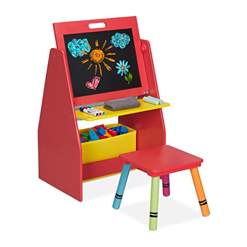 Relaxdays Kinderregal mit Tafel, Spielzeugregal, 2 Fächer & Stoffbox, HBT: 84 x 52 x 45 cm, Spieltafel mit Hocker, rot von Relaxdays