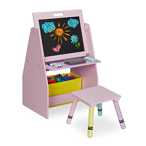 Relaxdays Kinderregal mit Tafel, Spielzeugregal mit 2 Fächern & Stoffbox, HBT: 84x52x45 cm, Spieltafel mit Hocker, rosa von Relaxdays