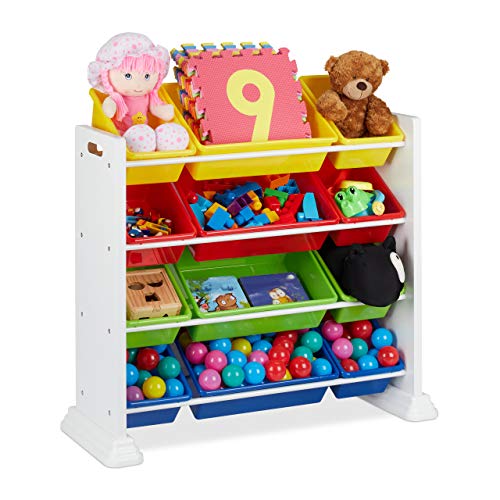 Relaxdays Kinderregal weiß, mit 12 Aufbewahrungsboxen, Spielzeugregal für Jungen & Mädchen, HBT 90 x 88,5 x 37 cm, bunt von Relaxdays