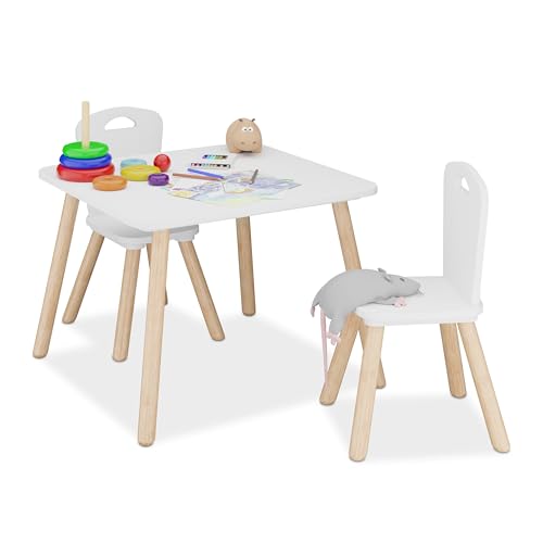 Relaxdays Kindersitzgruppe, 3-TLG., Kindertisch mit 2 Stühlen, Mädchen & Jungen, Sitzecke fürs Kinderzimmer, weiß/Natur von Relaxdays