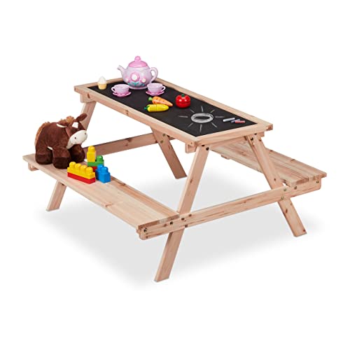 Relaxdays Kindersitzgruppe, Holz, Kindertisch mit Kreidetafel, Garten, HBT: ca. 51 x 90 x 87 cm, Maltisch, natur/schwarz von Relaxdays