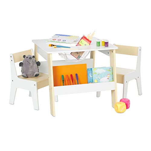 Relaxdays Kindersitzgruppe, Kindertisch mit 2 Stühlen, mit Stauraum, für Jungen und Mädchen, Kindersitzecke, weiß/beige von Relaxdays
