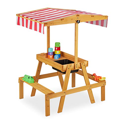 Relaxdays Kindersitzgruppe, Sitzbank mit Spieltisch, Sonnenschutz, Outdoor, Holz Matschküche HBT 110 x 65 x 83 cm, Natur von Relaxdays