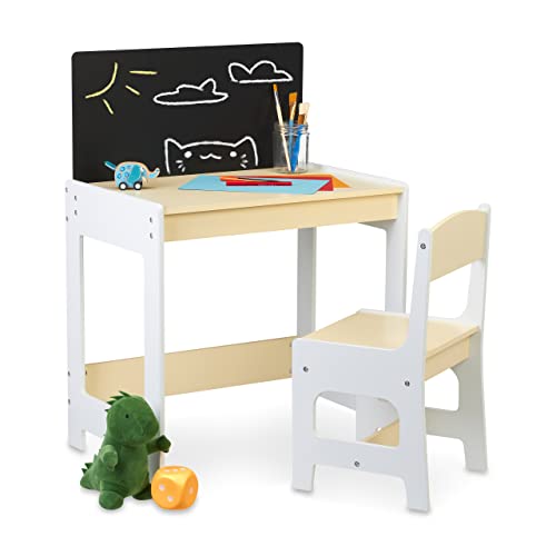 Relaxdays Kindersitzgruppe, Tisch & Stuhl, Kindertisch mit Tafel, zum Malen & Basteln, Kindersitzkombination, weiß/beige von Relaxdays