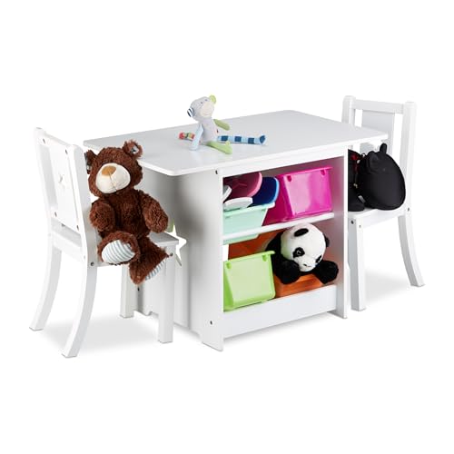 Relaxdays Kindersitzgruppe ALBUS mit Stauraum, 1 Tisch und 2 Stühle aus Holz, Kindertischgruppe für Jungen und Mädchen, weiß, 46 x 75 x 56 cm von Relaxdays