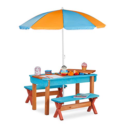 Relaxdays Kindersitzgruppe Garten, Holz, Spieltisch Set aus Tisch, 2x Sitzbank & Sonnenschirm, Outdoor Kindermöbel, bunt von Relaxdays