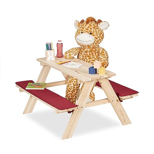 Relaxdays Kindersitzgruppe Garten, Picknickbank, Kinder, HBT: 50x89x79 cm, Auflagen, Kindersitzgarnitur, Holz, Natur/rot, Schaumstoff, Baumwolle von Relaxdays