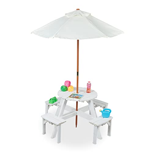 Relaxdays Kindersitzgruppe für draußen, runde Tischplatte, für 4 Kinder, Garten Picknicktisch mit Schirm, Holz, weiß, 56 x 112 x 112 cm von Relaxdays