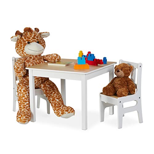 Relaxdays Kindertisch mit 2 Stühlen, Indoor Sitzgruppe für Kinder, 3-teiliges Set, robuste Kindermöbel, MDF, weiß/Natur, Platten, Holz, 48 x 60 x 60 cm von Relaxdays